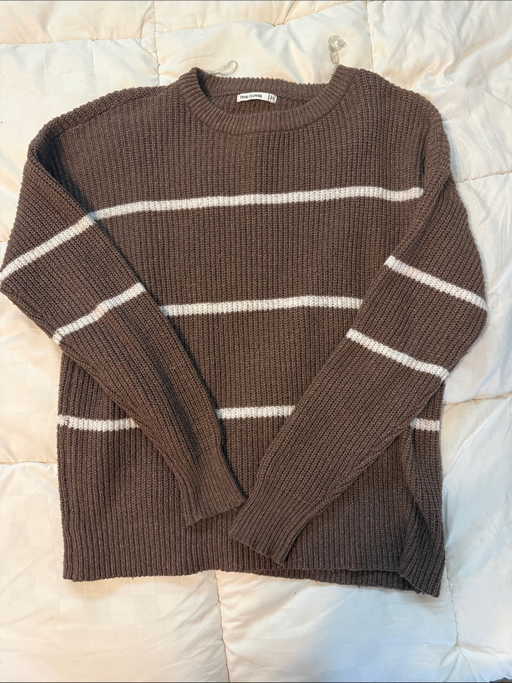 Pink Clover Brown Crewneck Sweater with White Stripes